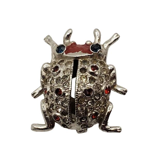 Vintage Coro Ladybug Perfume Sachet Brooch Rhinestone Tiny Bug Pin Silver Tone - Picture 8 of 11